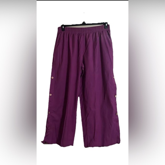 Ashley Stewart Pants Sz 18 Wooden Button Detailed Linen Blend Wide Leg Flare - Picture 2 of 8